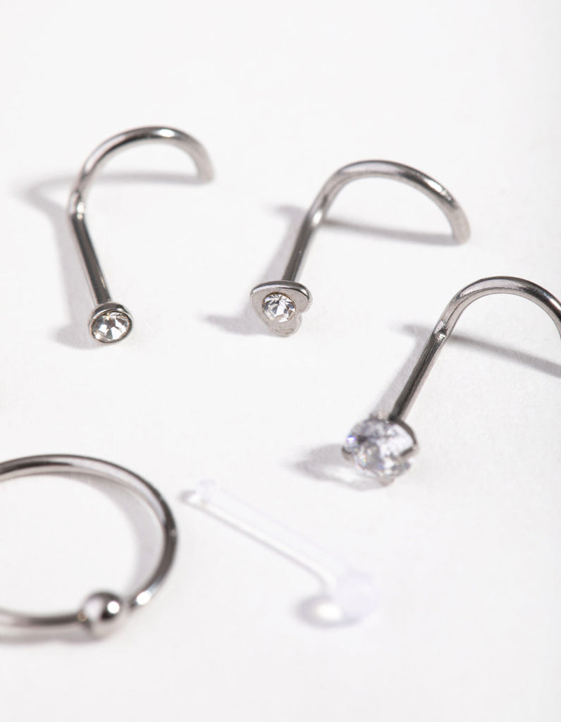 Surgical Steel Mixed Diamante Nose Stud & Ring 6-Pack - Lovisa