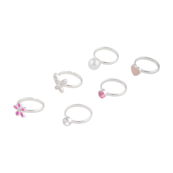 Kids Silver Hearts And Flowers Ring 6 Pack