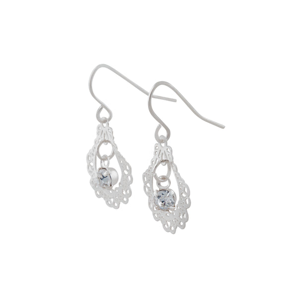 Ornate Silver Drop Earrings With Centre Diamante