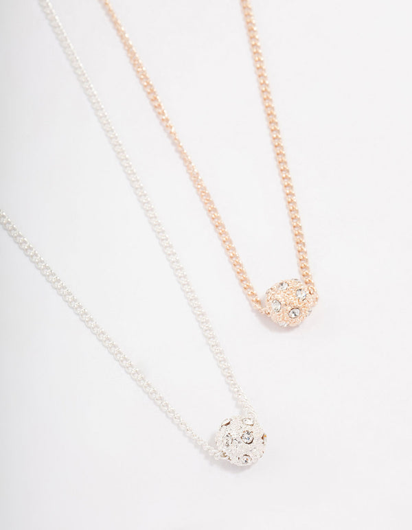Two-Toned Silver & Rose Gold Crystal Ball Pendant Necklace Pack