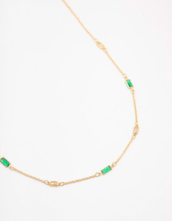Gold Plated Emerald Baguette Station Necklace