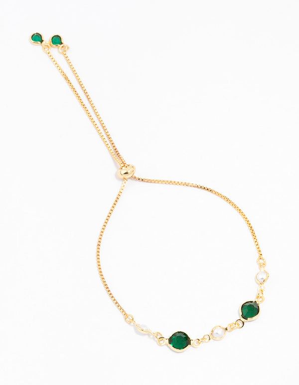 Gold Plated Cubic Zirconia Round Emerald & Pearl Toggle Bracelet