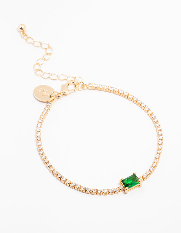 Gold Plated Emerald Baguette & Round Tennis Cup Chain Bracelet