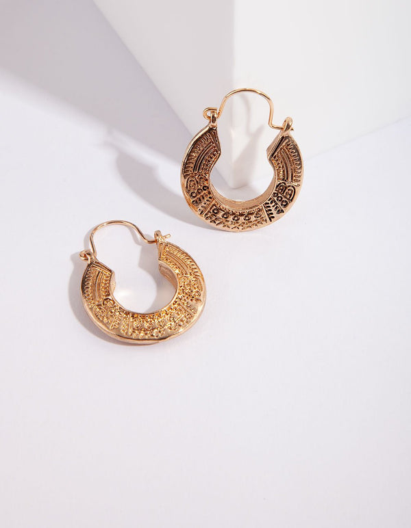 Antique Gold Medium Detailed Hoop Earring