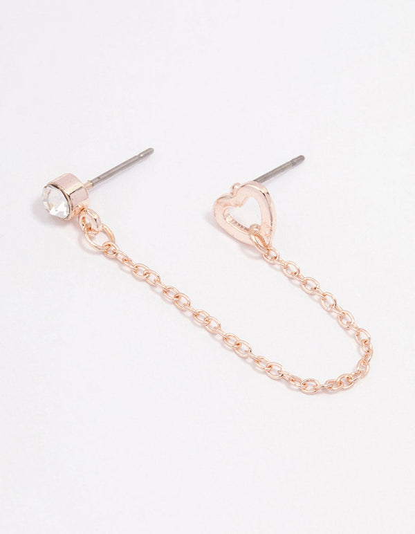 Rose Gold Diamante & Heart Chain Drop Earrings